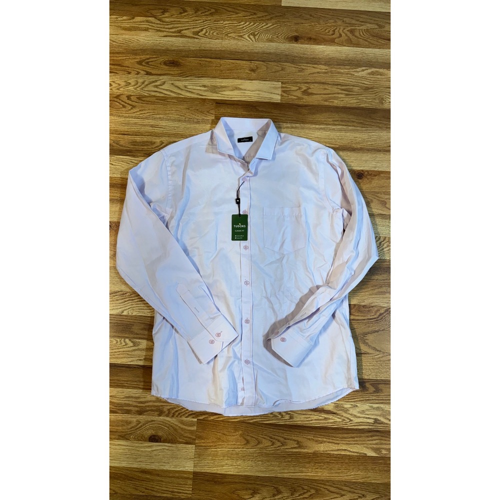 Tudors Mens Classic Fit Herringbone Dress Shirt Light Pink Lavender NWT Size L